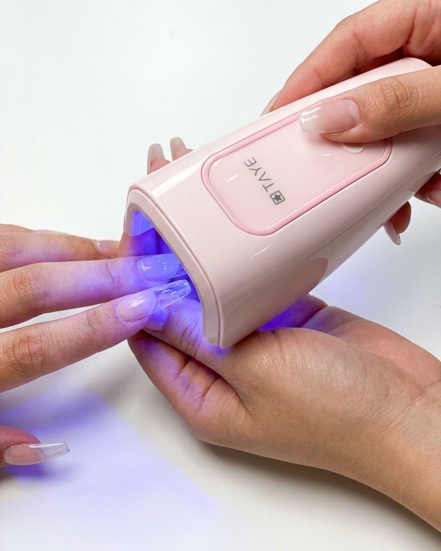 Eine Hand hält eine UV-Lampe über den Nagel, während eine Pinzette die Verlängerung hält.