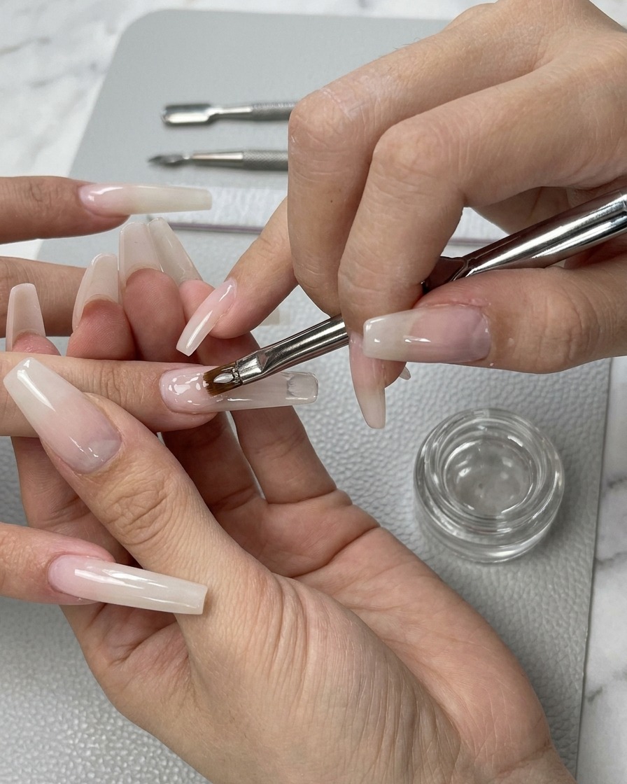 Ein flacher Gelpinsel trägt eine transparente Nude-Farbschicht auf den Nagel auf.