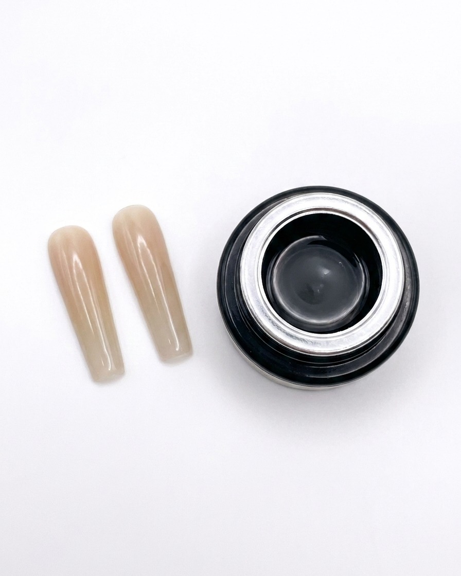 Ein Pinsel glättet Nude-Gel über einen verlängerten quadratischen Nagel.