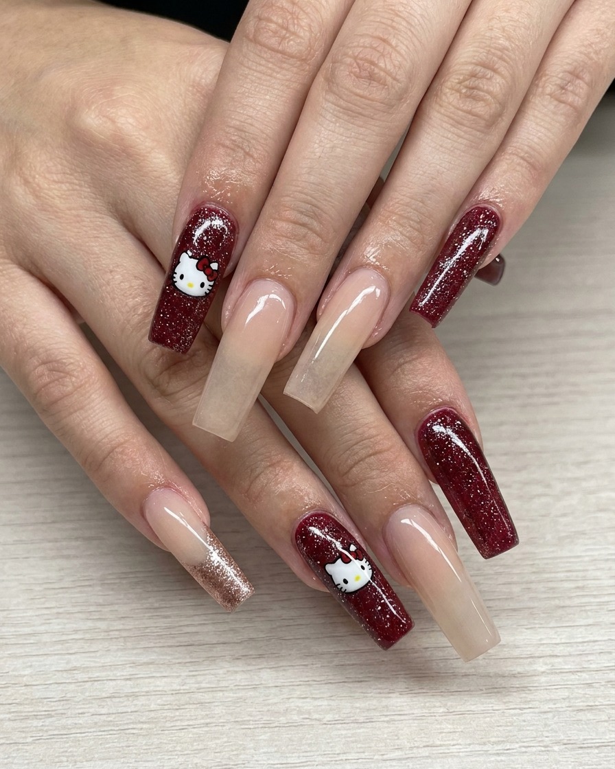 Ein feiner Liner-Pinsel zieht einen präzisen Rosegold-Glitzerbogen auf dem Nagel.