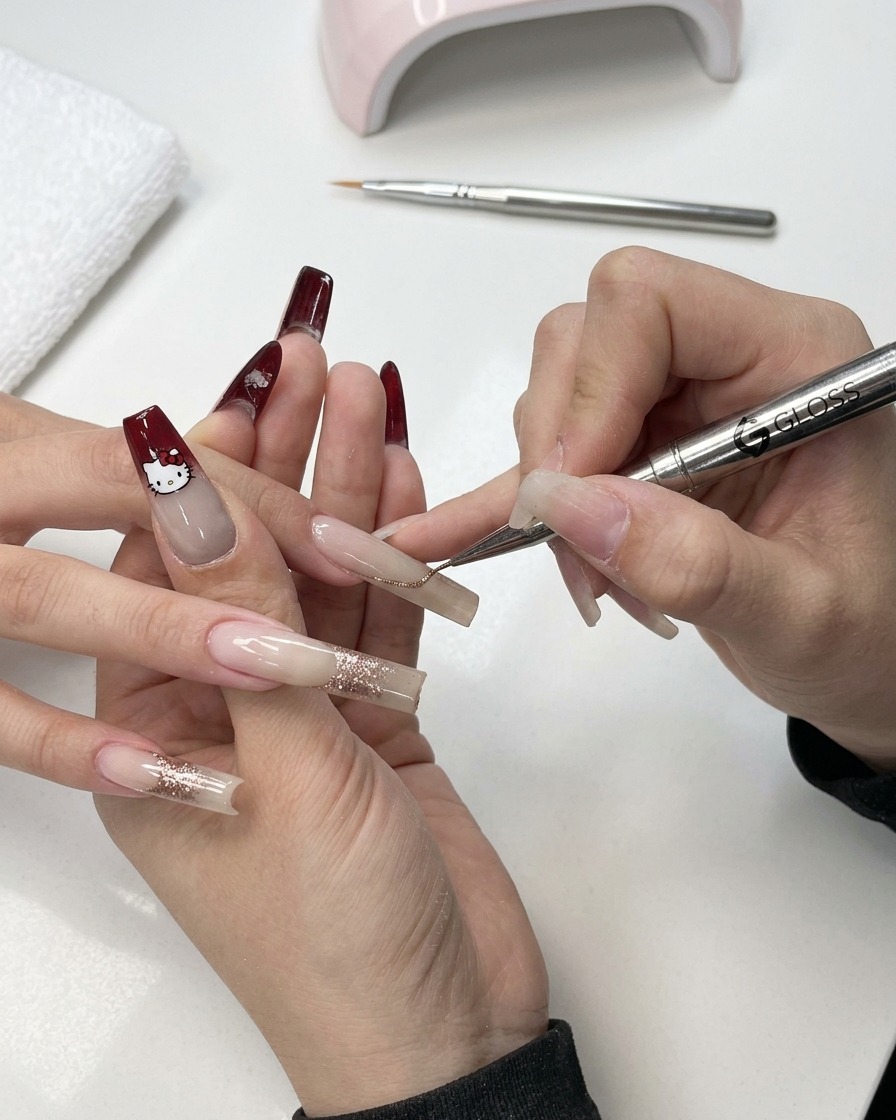 Ein Detail-Pinsel fügt eine kleine Menge Glitzer hinzu, um das Nageldesign zu verfeinern.
