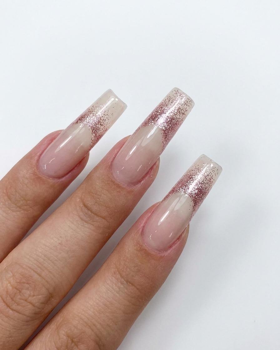 Nahaufnahme eines Pinselstrichs, der Rosegold-Glitzer abwärts auf einem langen Nude-Nagel verblendet.