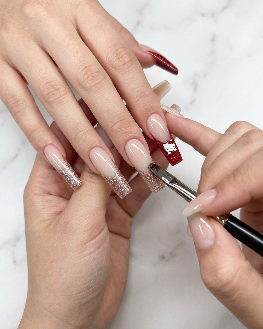 Makroaufnahme eines Nagelpinsels, der den Glitzer in der Mitte des Nagels sanft verteilt.