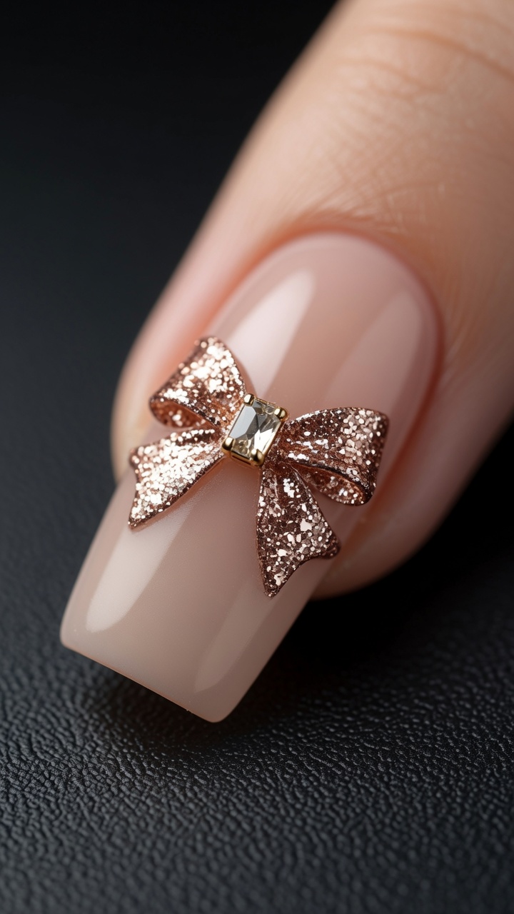 Matte Nude Nails mit Roségold-Glitzer-Schleife — Elegante Nageldesign-Anleitung