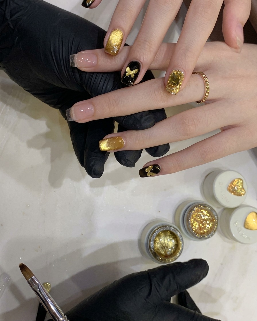 Eine Hand-UV-Lampe härtet einen Nagel mit einem goldenen Cat-Eye-Schimmereffekt aus.