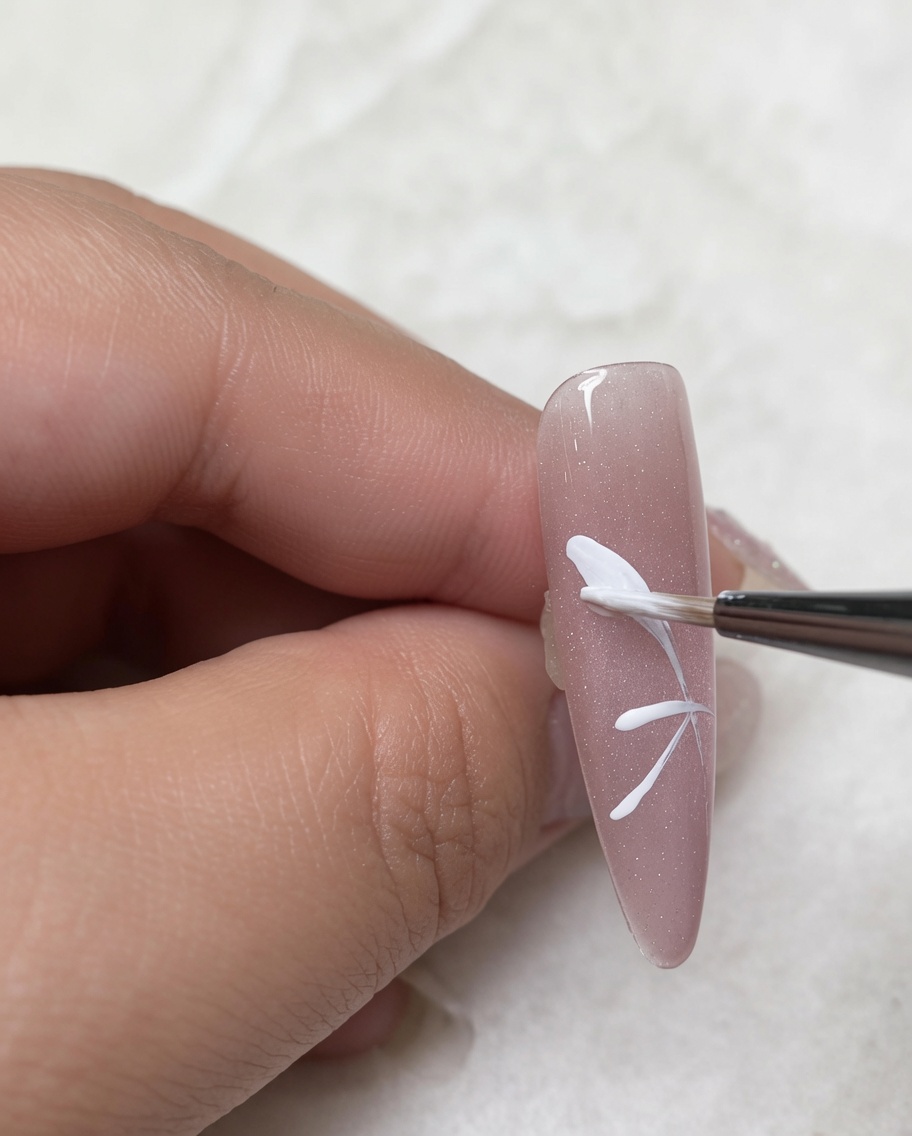 Ein feiner Pinsel fügt zarte Detail-Linien an den Rändern der ausgefüllten weißen Schmetterlingsflügel hinzu.