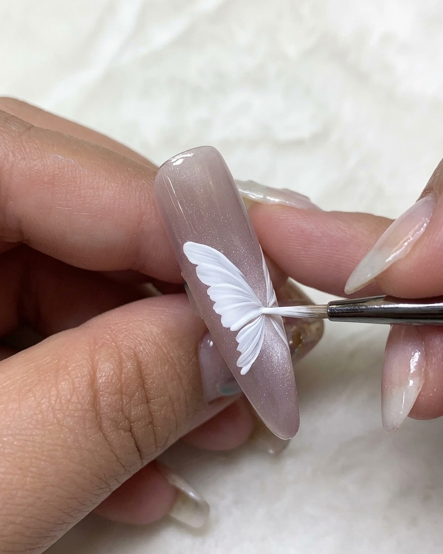 Nahaufnahme eines Nagels, bei dem die zarten weißen Schmetterlingsflügel mit einem feinen Pinsel konturiert werden.