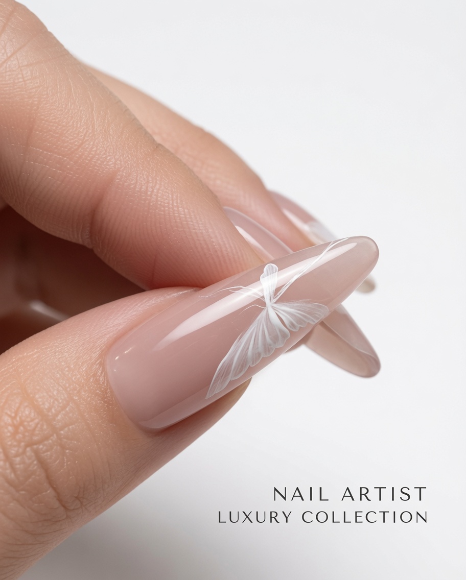 Nahaufnahme eines Nagels mit dem Schmetterlingsdesign und kleinen, kreisförmigen weißen Geltupfern als Basis für die Rosen.