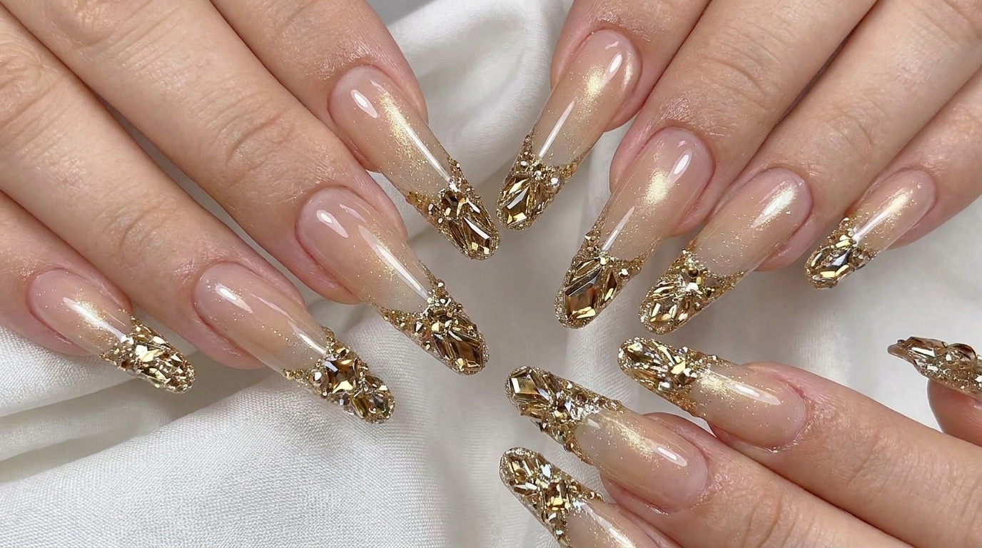 Anleitung für glamouröse Nude-Gradient-Nägel mit Kristallen