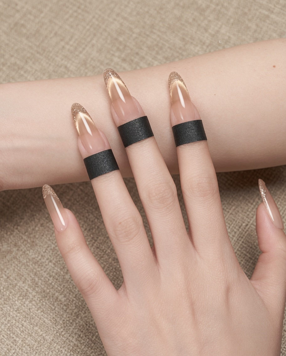 Eine Hand mit fertigem Cat-Eye-Gel-Nagellack in einer professionellen UV-Nagellampe.