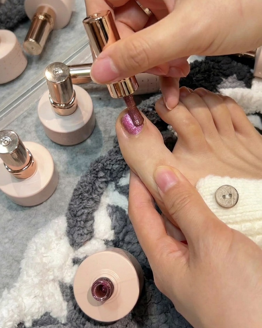Ein zylindrischer Magnet wird an die Seite eines großen Zehennagels mit nassem Cat-Eye-Gellack gehalten.