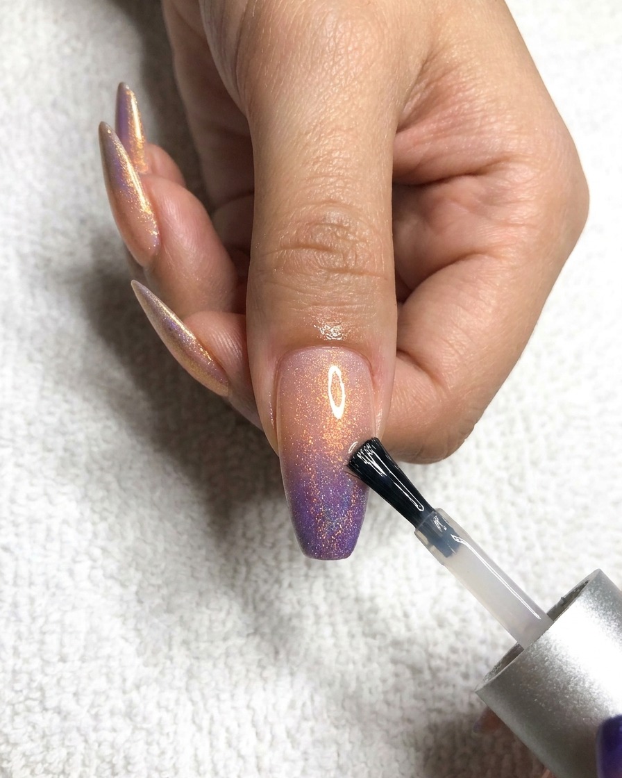Ein Pinsel trägt einen klaren, glänzenden Top Coat auf den Mittelfinger auf, um das holografische Ombré-Design zu bedecken.