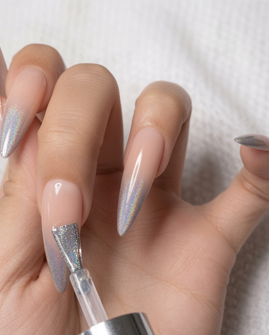 Ein Nagelpinsel trägt einen dünnen, glänzenden Top Coat über das holografische Ombré-Design eines Zeigefingers auf.