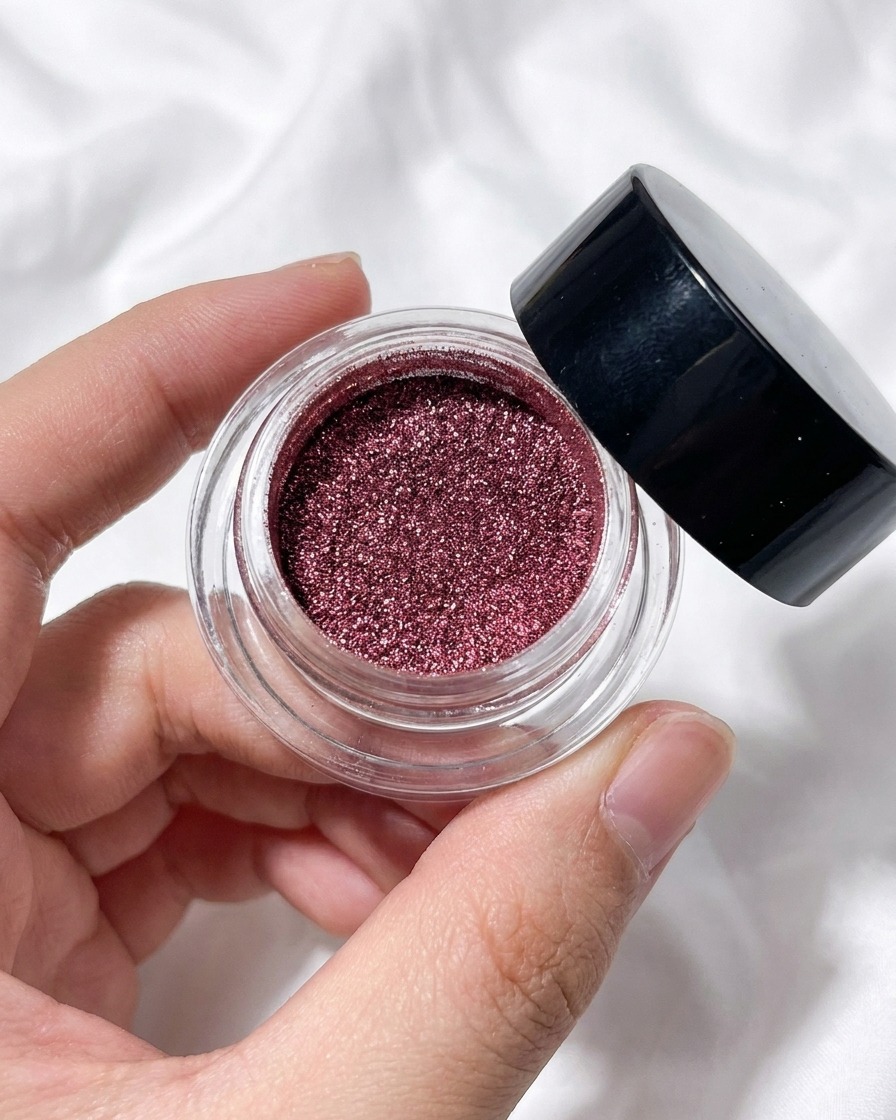 Ein Lidschatten-Applikator nimmt Roségold-Chrome-Puder aus einem kleinen Tiegel auf.