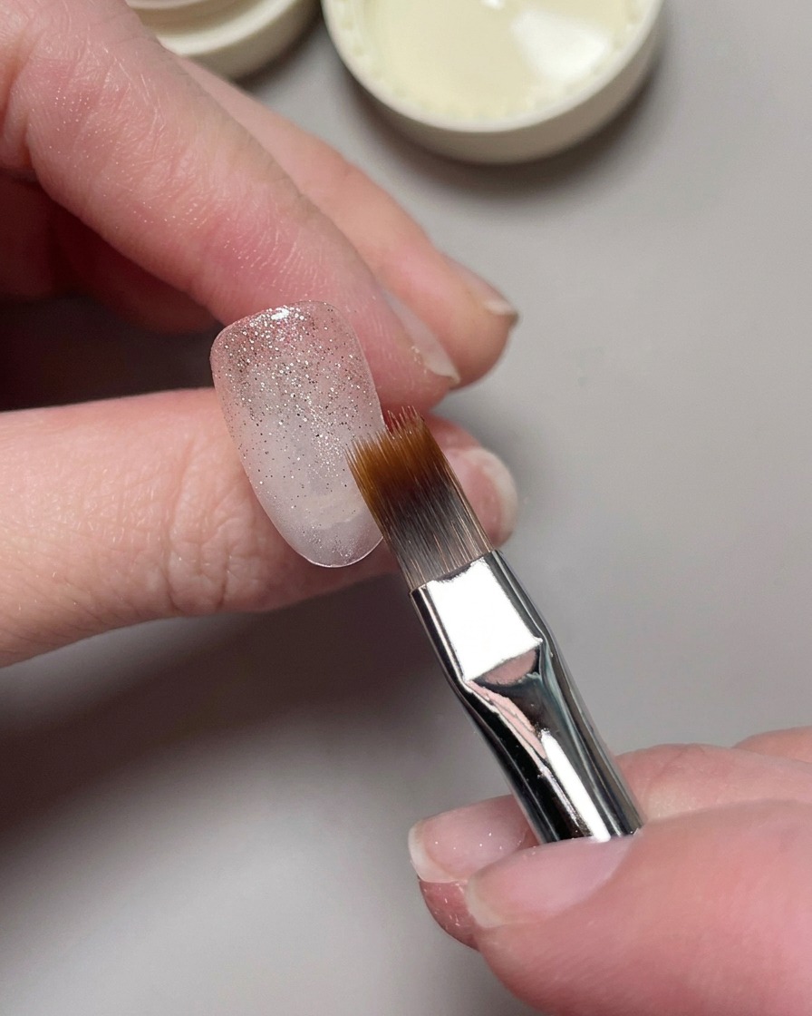 Ein Nagelpinsel trägt eine Schicht glitzerndes Cat-Eye-Gel auf eine schiere Basis auf.