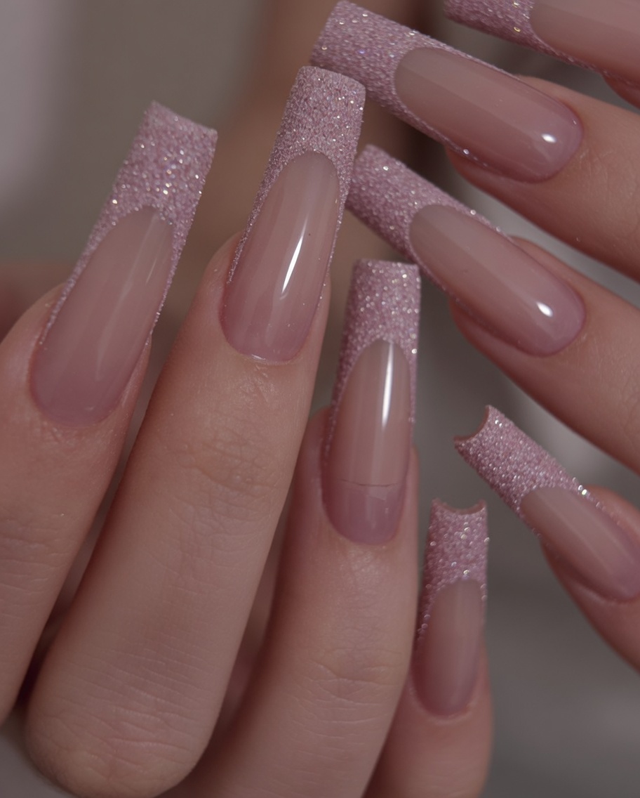 Zwei Hände zeigen lange, eckige Nägel mit rosa Basis und Glitzer-French-Spitzen in einer entspannten Haltung.