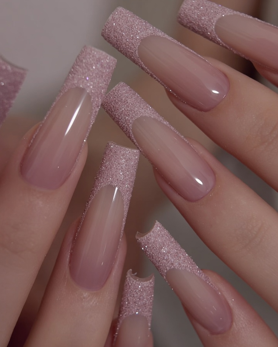 Makroaufnahme eines einzelnen Fingers, die den scharfen, präzisen Übergang zwischen Basis und Glitzerspitze zeigt.