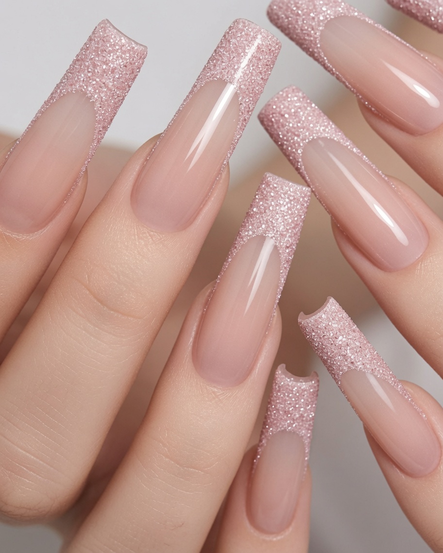 Nahaufnahme der Finger im Licht, um die funkelnde Textur der French-Spitzen hervorzuheben.