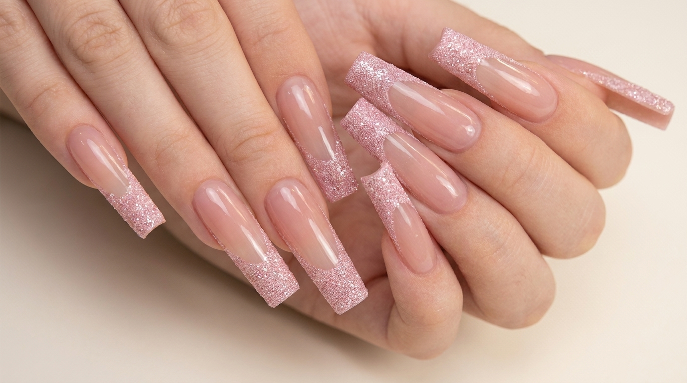 Rosa Glitzer French Nails im langen Square-Look — Schritt-für-Schritt-Anleitung