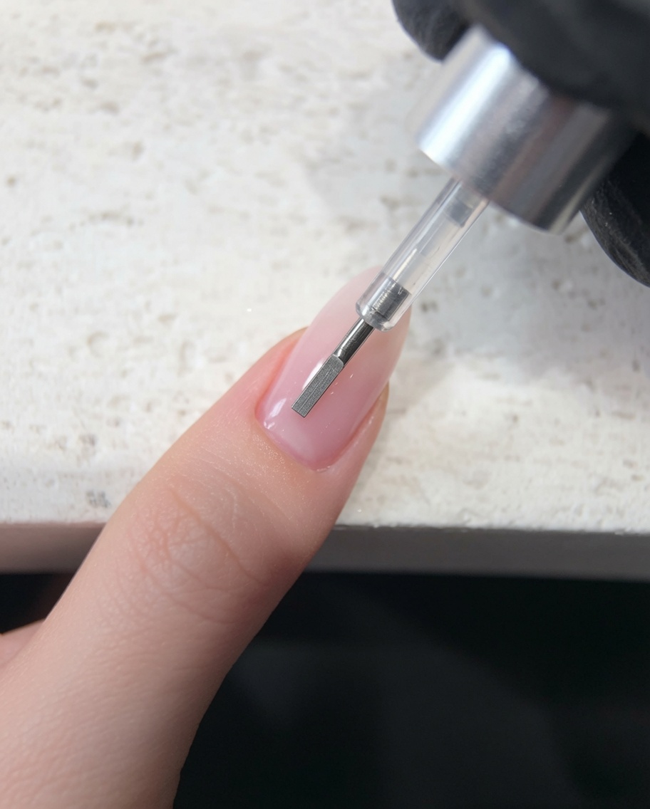 Ein Gelpinsel trägt einen klaren, klebefreien Top Coat über eine rosa Jelly-Basis auf.