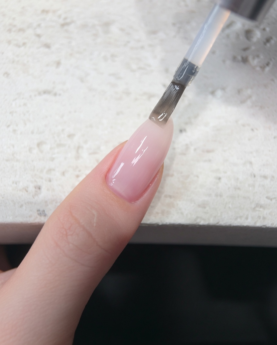 Seitenansicht eines Fingernagels, die die ebene, glatte Oberfläche des aufgetragenen Top Coats zeigt.