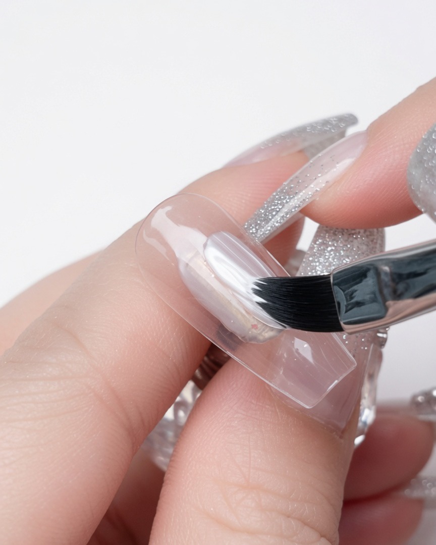 Ein Gel-Pinsel bemalt den erhabenen klaren Gel-Streifen mit deckendem weißem Gel-Lack.