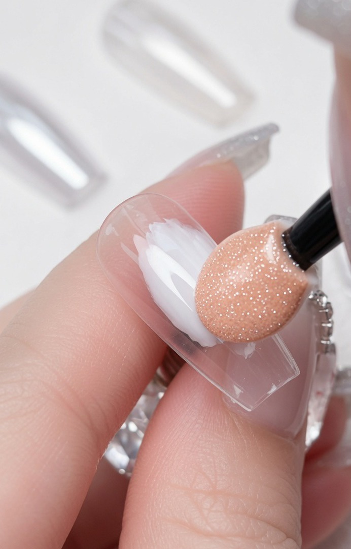 Nahaufnahme eines Fingers mit Applikator, der silbernes Spiegel-Puder auf den mittigen Streifen eines Nageltips poliert.