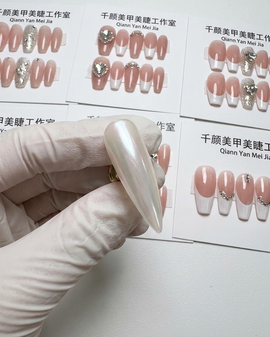 Nahaufnahme eines weißen Airbrush-Verlaufs, der am Nagelhautbereich einer langen, zulaufenden Nagelspitze beginnt, gehalten von einer behandschuhten Hand.