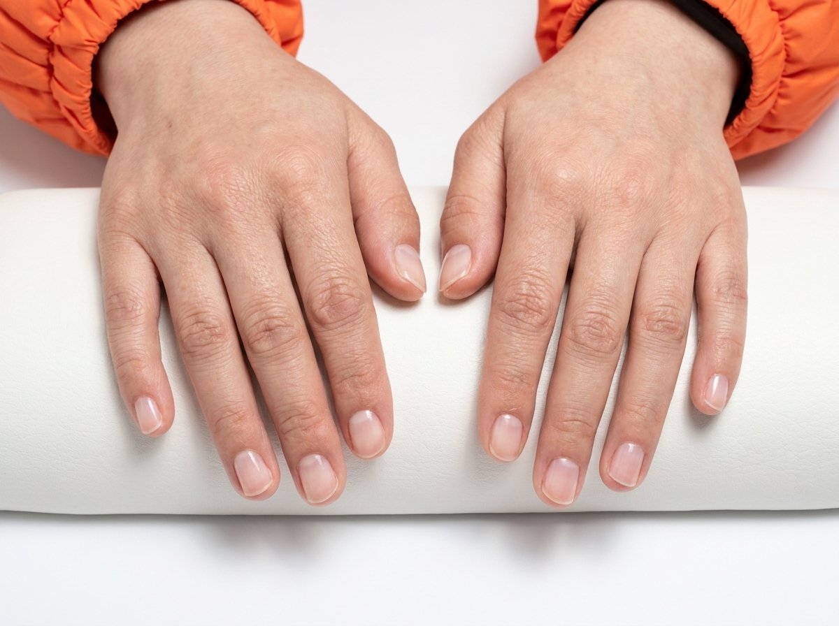 Nahaufnahme einer Hand mit violetten Schablonen, die auf den Nagelspitzen angebracht sind.