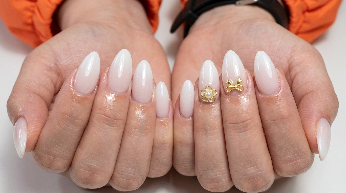 Sanfter weißer Airbrush-Ombré-Verlauf auf mandelförmigen Nägeln, verziert mit zarten goldenen Schleifen- und Blumen-Charms.