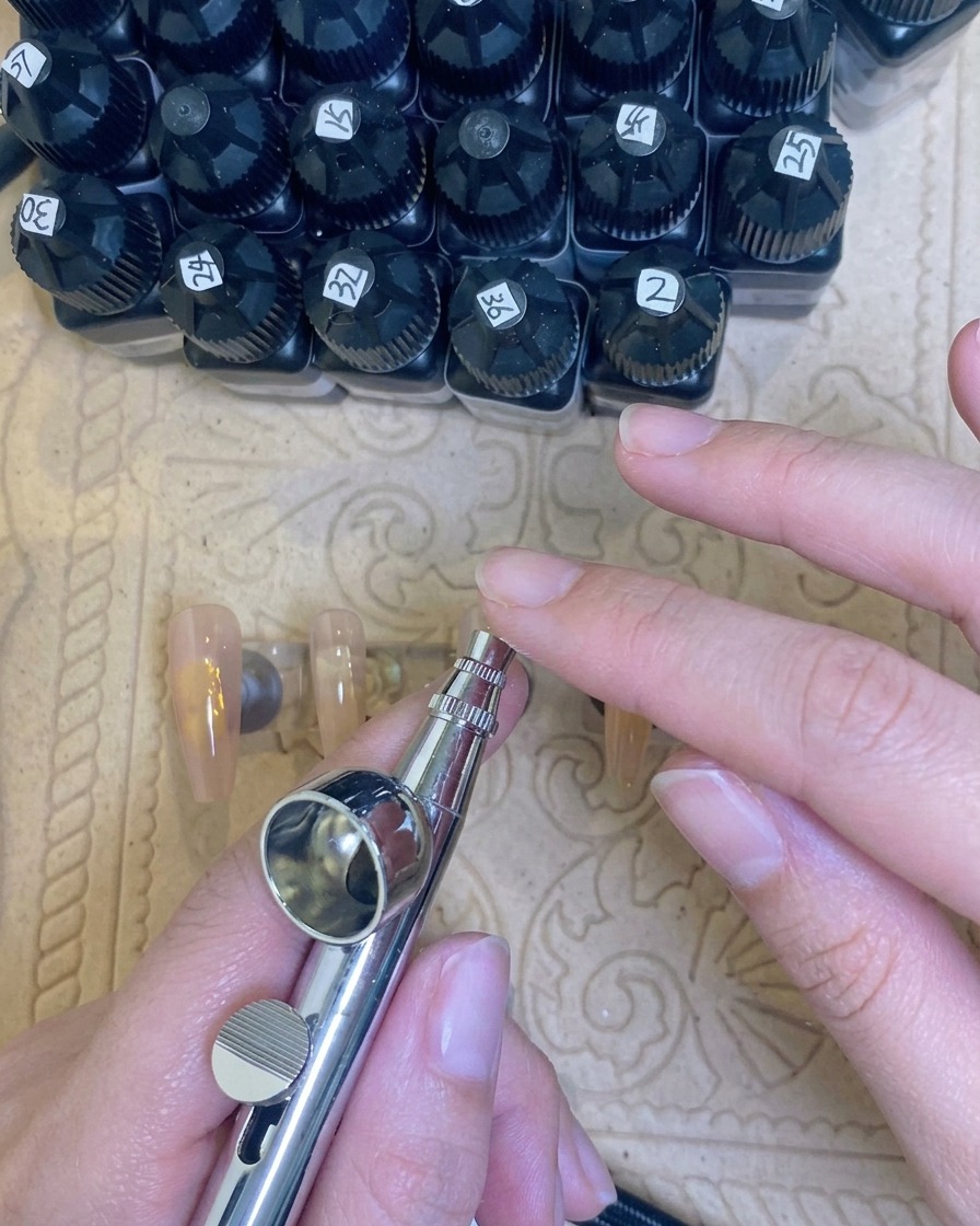 Eine Hand, die weißes flüssiges Pigment aus einer kleinen Flasche in den Metallbehälter einer Airbrush-Pistole gießt.