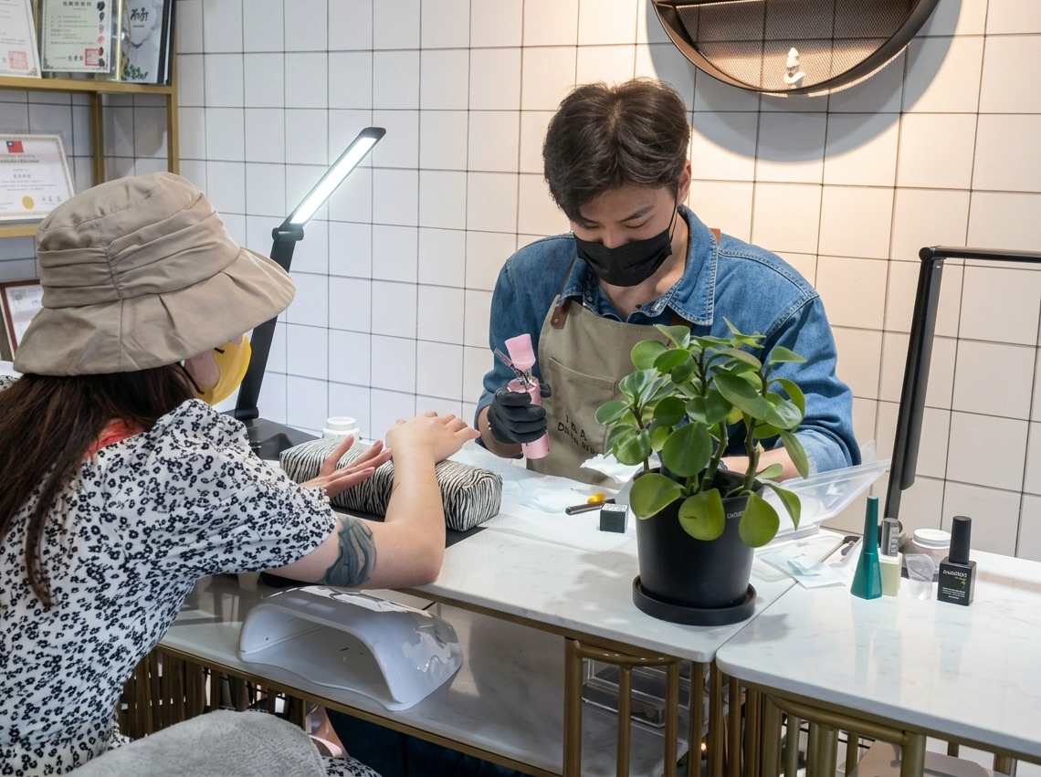 Detaillierte Ansicht einer Nageldesignerin, die mit einem Pinsel die Basisschicht auf einem Fingernagel glättet.