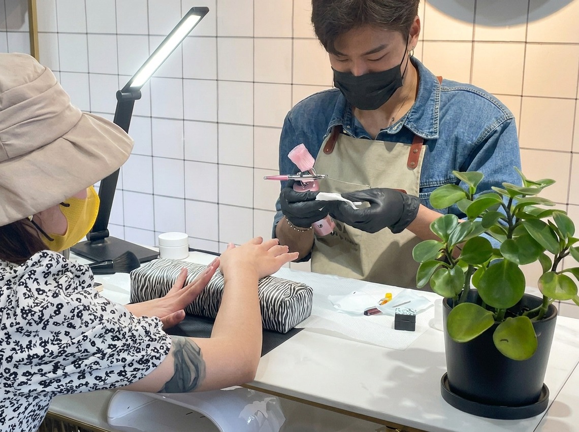 Eine Nageldesignerin zielt mit einer Airbrush-Pistole auf einen Fingernagel, um den Farbverlauf aufzutragen.