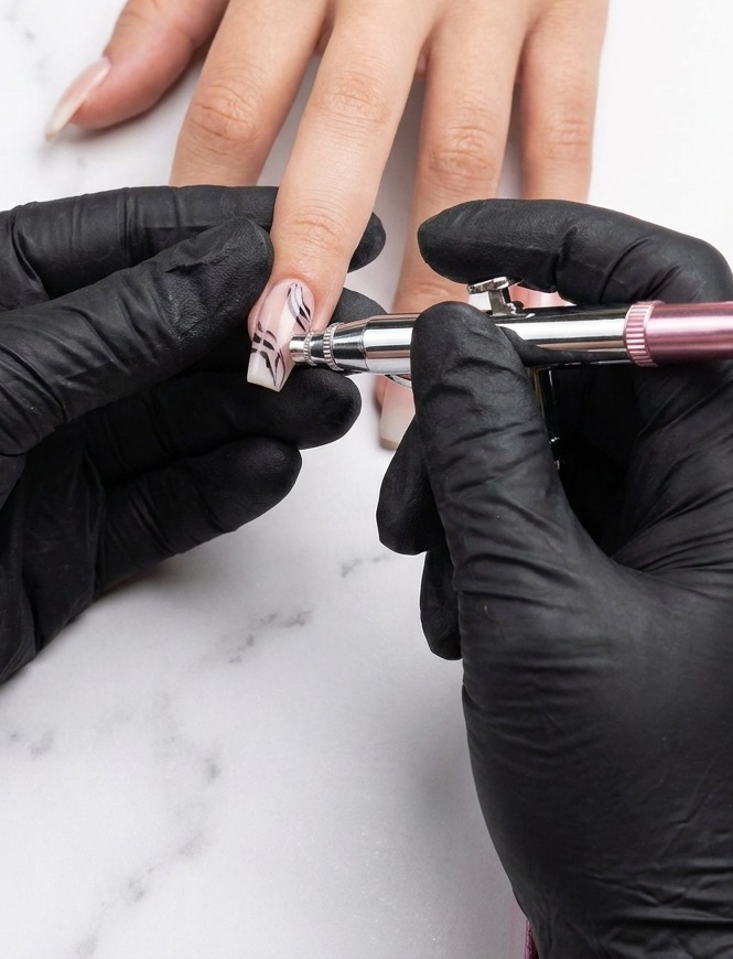 Nahaufnahme einer Airbrush-Pistole, die violettes Pigment auf einen Fingernagel sprüht, um den Verlaufseffekt zu verfeinern.