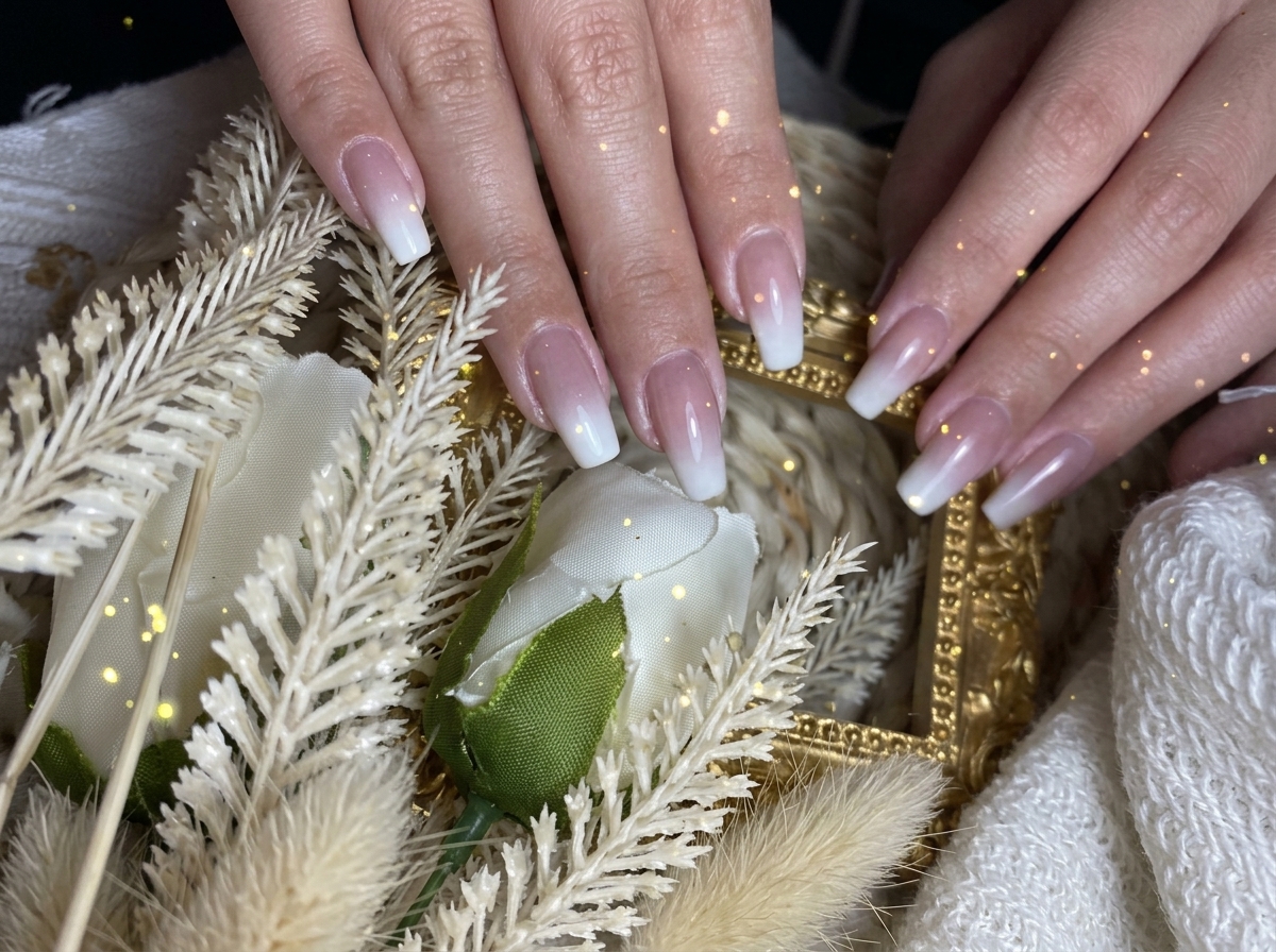 Nahaufnahme von Fingern vor einem dekorativen Hintergrund, die den nahtlosen Ombré-Übergang der Nagelkunst zeigt.