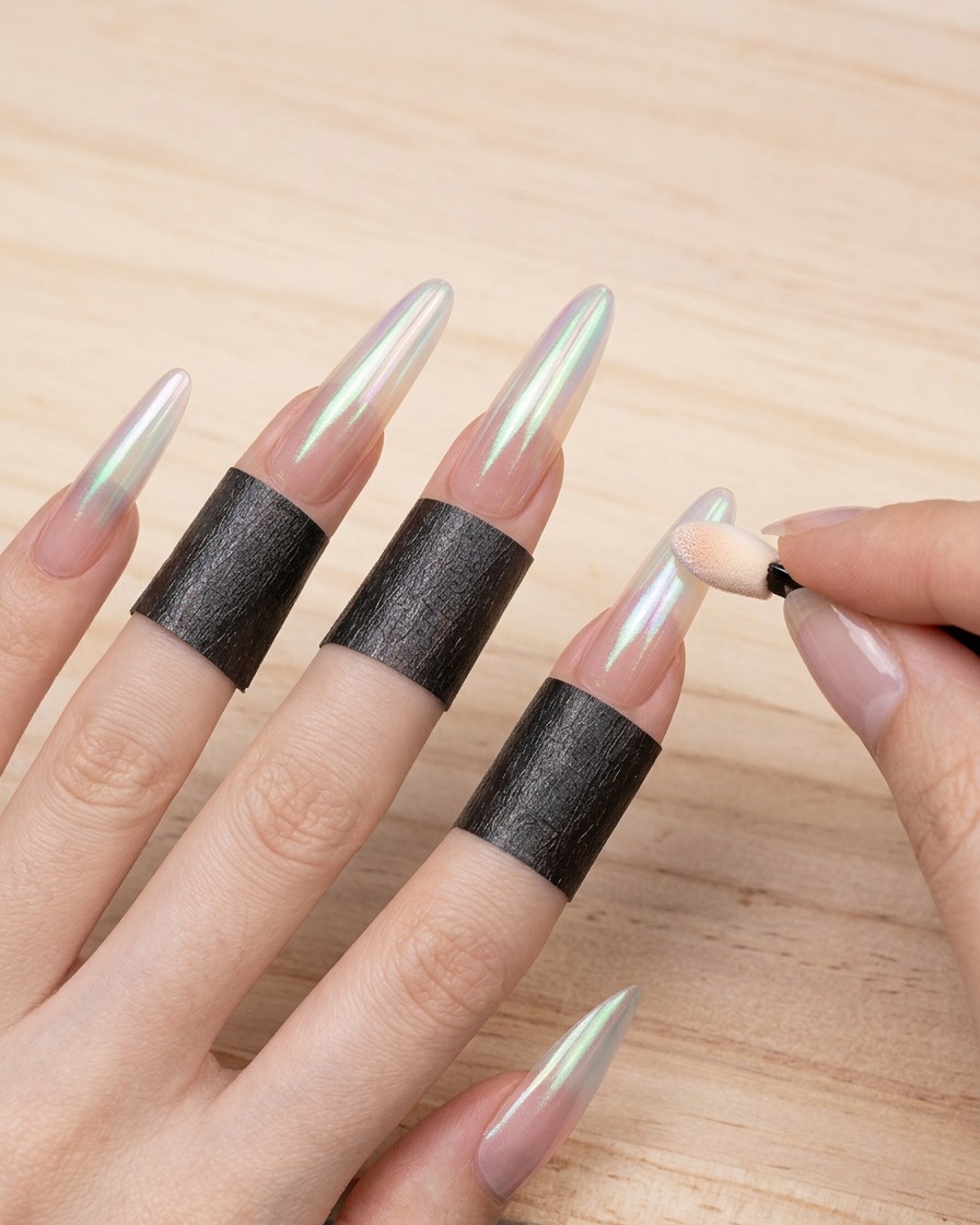 Nahaufnahme eines Schwammapplikators, der irisierendes Chrompuder direkt auf den freien Rand eines Fingernagels drückt, um die Farbintensität aufzubauen.
