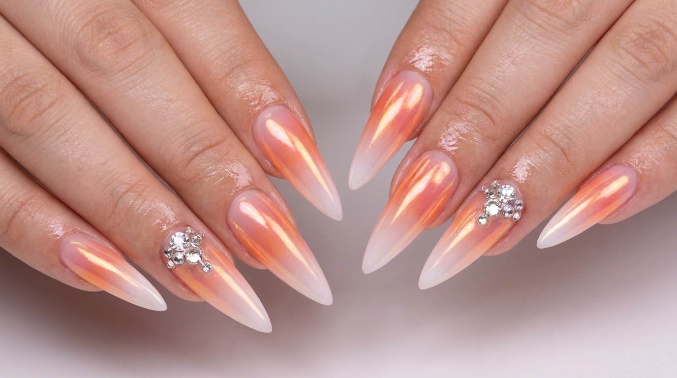 Weiße Gradient Aurora Puder Stiletto Nägel — Schritt-für-Schritt Anleitung