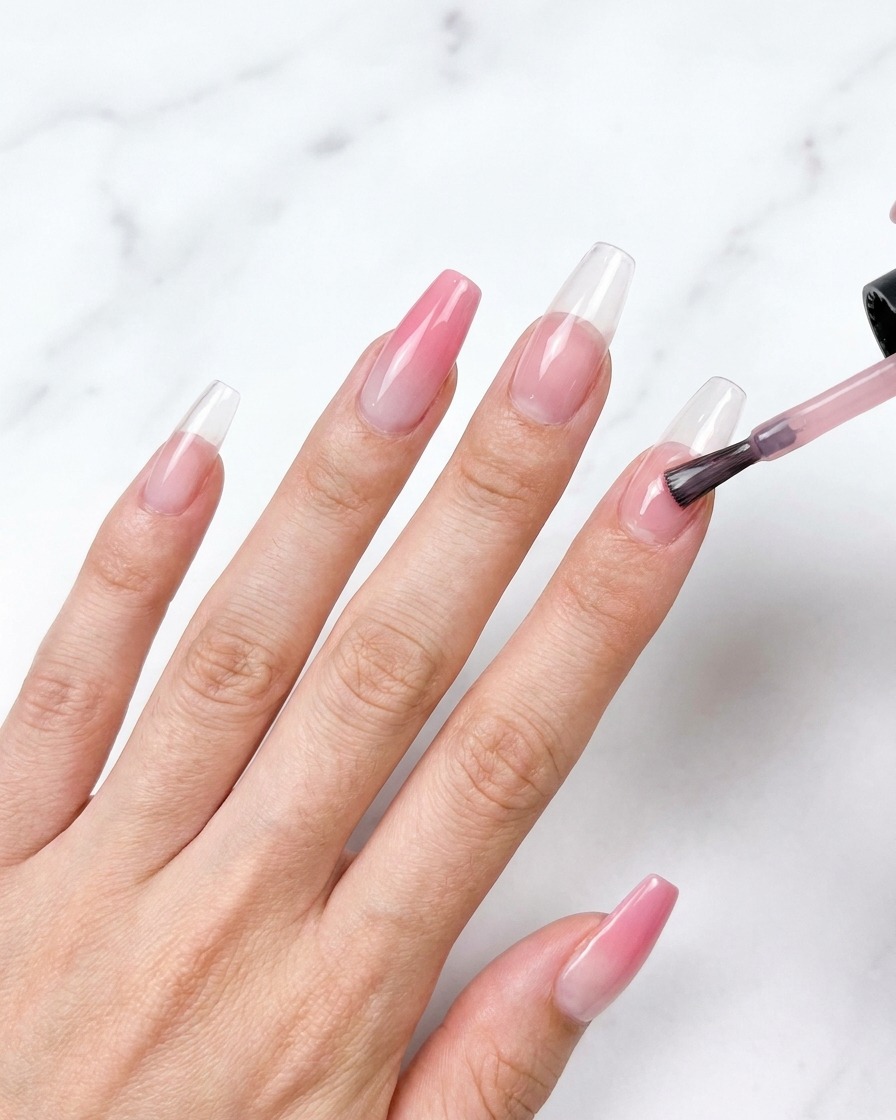 Ein Pinsel trägt einen zartrosa UV-Lack auf eine transparente Nagelverlängerung auf.