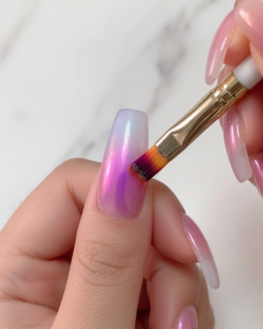 Ein Ombré-Pinsel zieht das blaue Gel leicht nach unten über eine rosa-nude Basis, um einen Verlaufs-Effekt zu erzeugen.