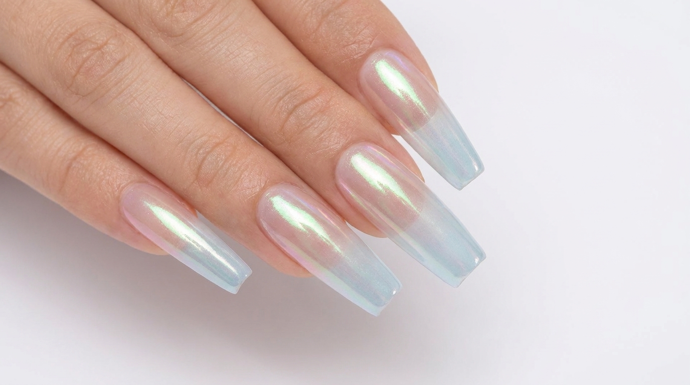 Lange, eckige Nägel mit einem eisblauen bis nudefarbenen Farbverlauf und einem leuchtenden Aurora-Chrome-Finish.