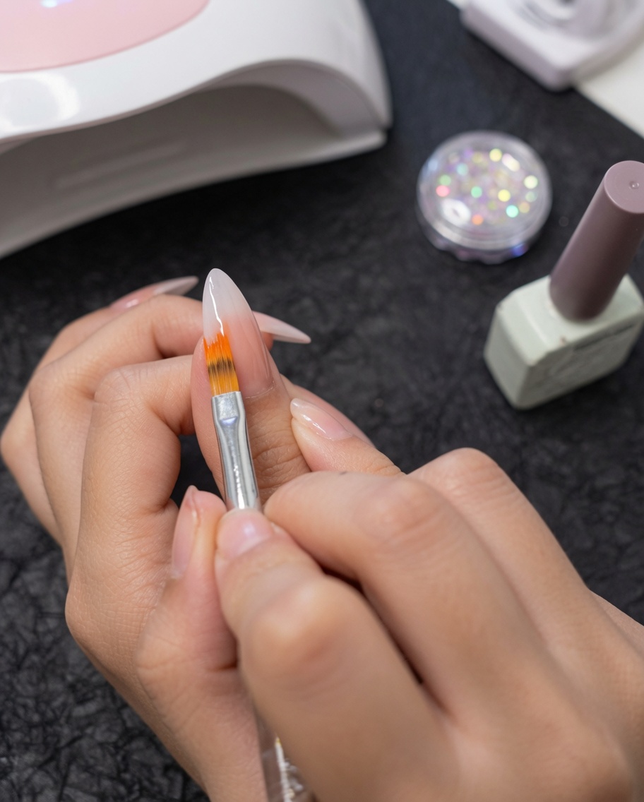 Ein Ombré-Pinsel verblendet weißes und nude-farbenes Gel auf einem Fingernagel.