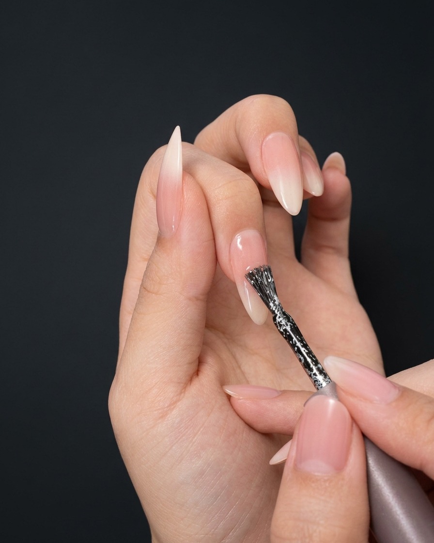 Nahaufnahme einer Hand, die mit einem Nailart-Pinsel eine feine Linie aus Silberglitter auf die Mitte eines Stiletto-Nagels zieht.