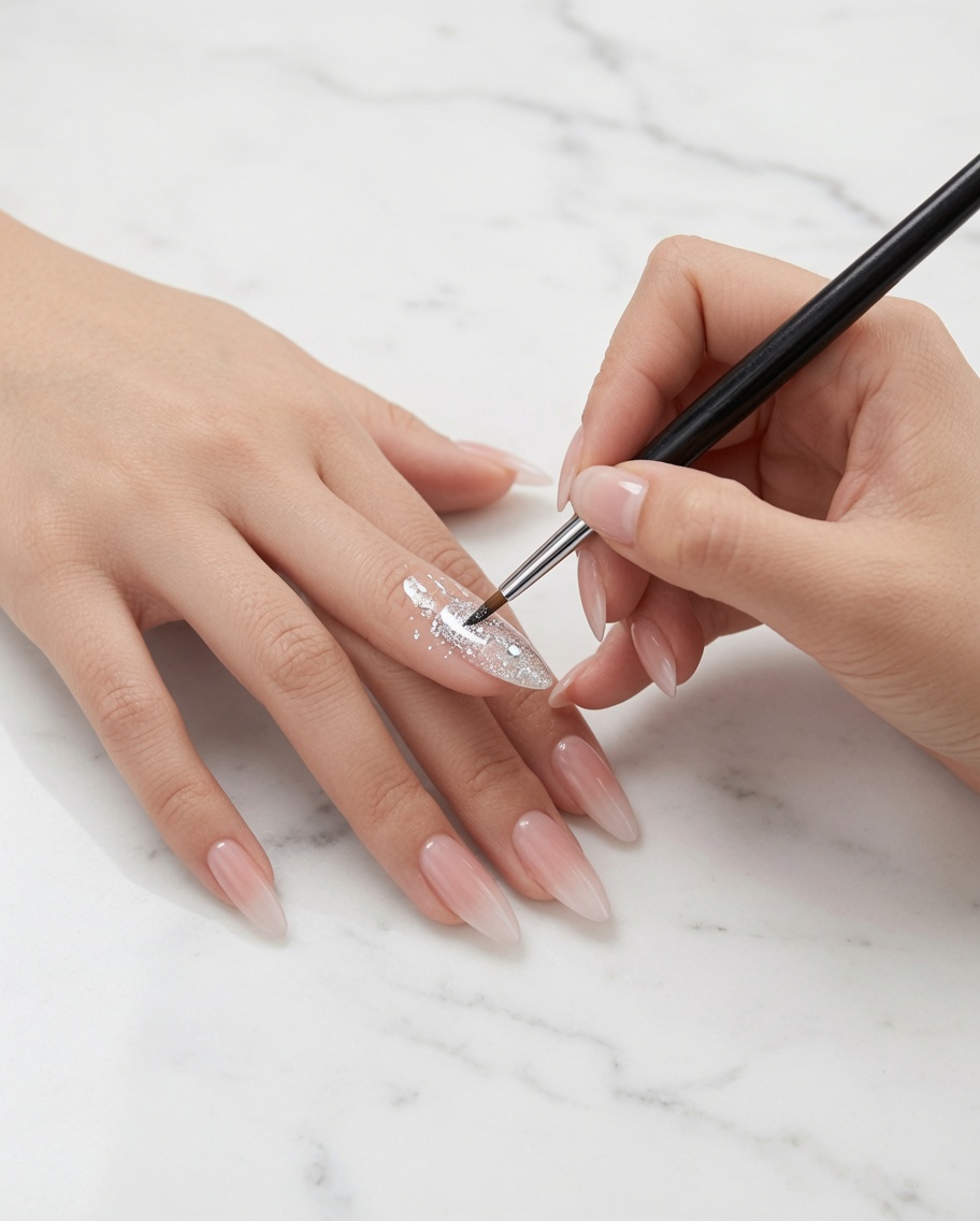 Ein feiner Pinsel platziert vorsichtig einzelne holografische Glitter-Flakes auf der Mitte eines Fingernagels.