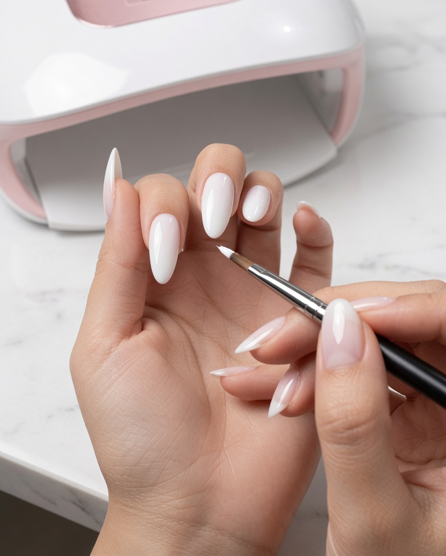 Nahaufnahme von einem Nailart-Tool, das sechseckige, schillernde Glitter-Flakes auf der Mitte eines Ringfingers arrangiert.