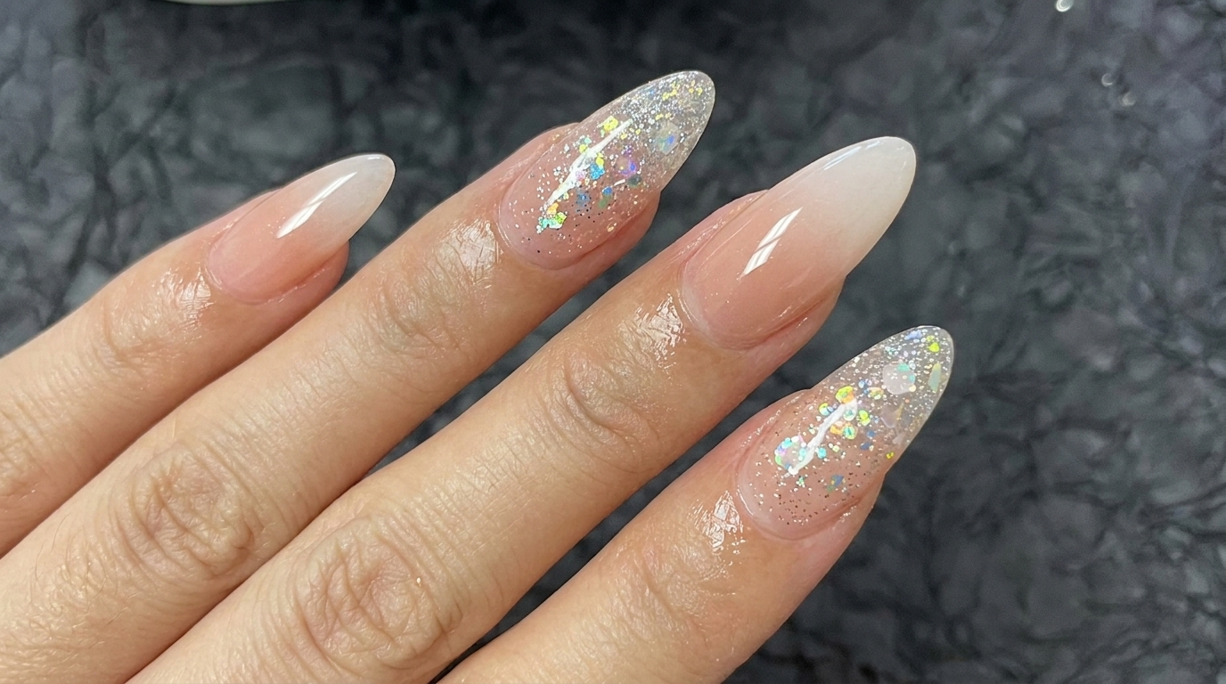Nude und Weiß Ombré-Nägel mit grobem Glitter-Akzent