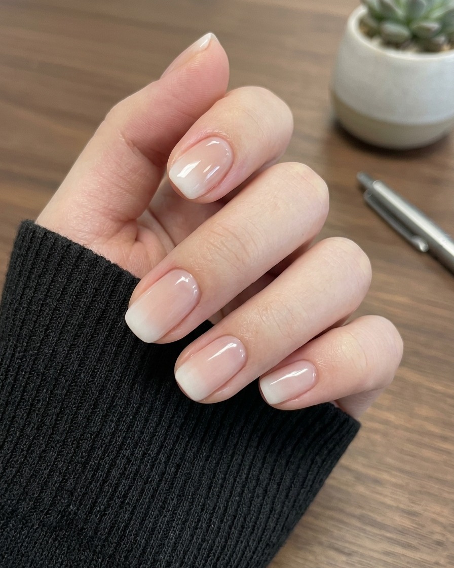 Ein Pinsel trägt eine dünne Schicht Nude-Gellack nahe der Nagelhaut auf.