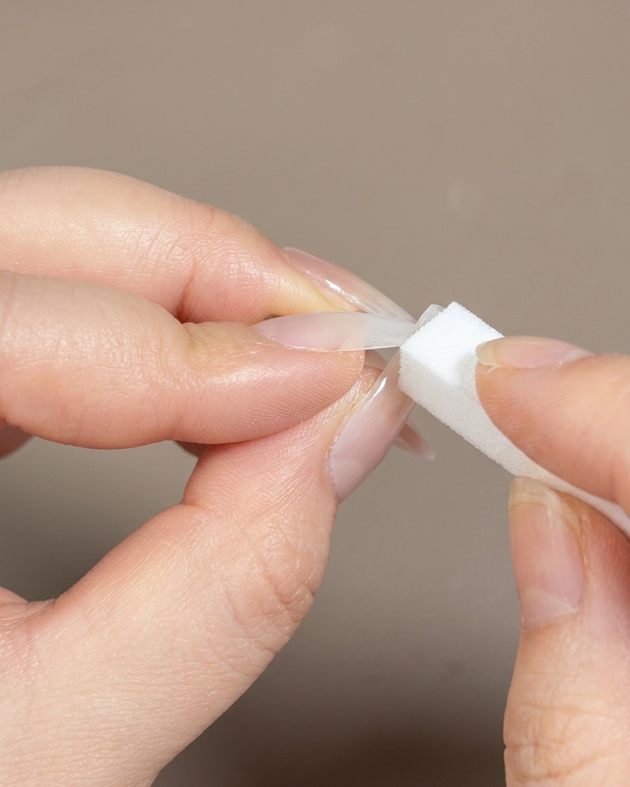 Nahaufnahme eines doppelseitigen Schwammpinsels, der mit rosa Gel-Nagellack beladen wird.