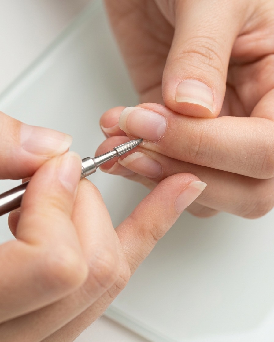 Ein sehr feiner, spitzer Fräseraufsatz reinigt die tiefe Nageltasche eines unlackierten Fingernagels.