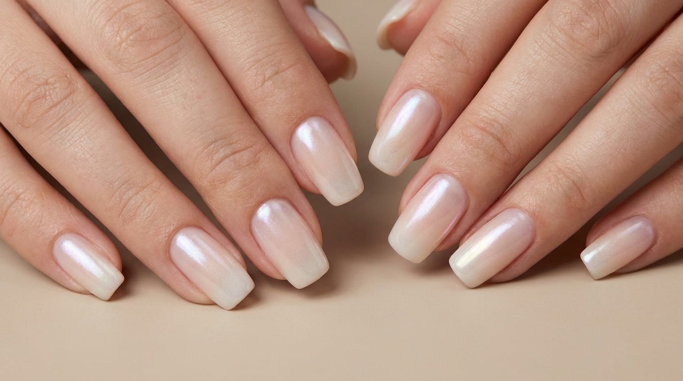 Nahaufnahme fertiggestellter milchiger Ombré-Chrome-Nägel mit subtilem Schimmer an beiden Händen.