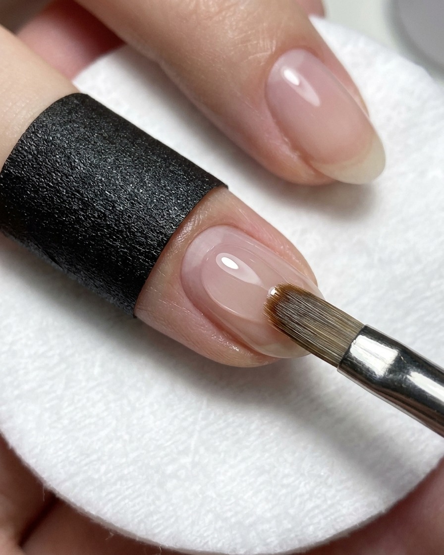 Ein Nagelpinsel trägt klaren, glänzenden No-Wipe-Überlack auf einen fertiggestellten rosa Ombré-Nagel auf.